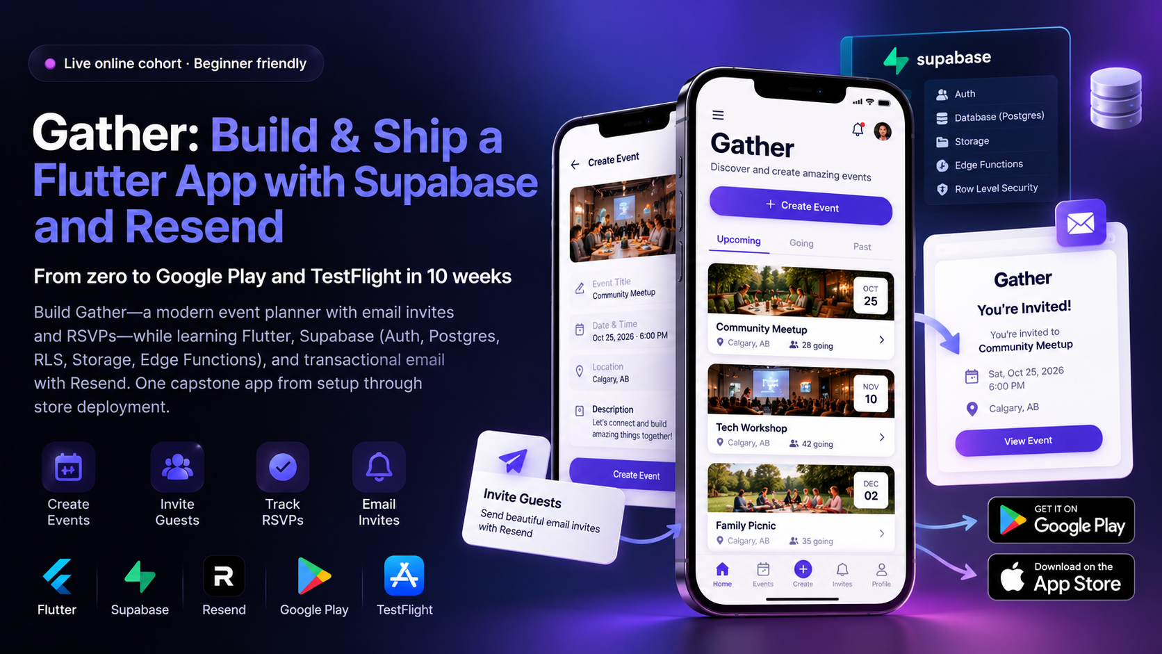 Gather course preview: Flutter event app with Supabase and Resend, launching soon